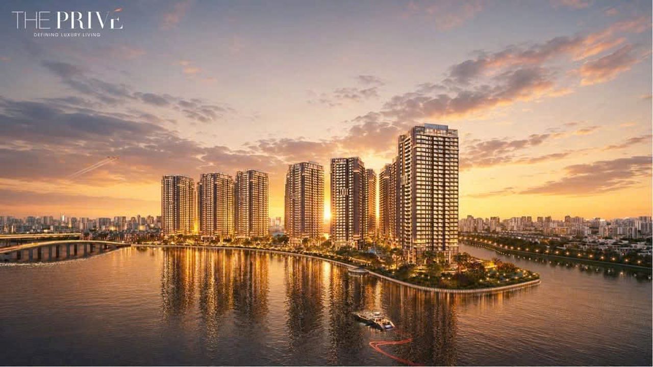 Phối cảnh The Privé bên sông lúc hoàng hôn